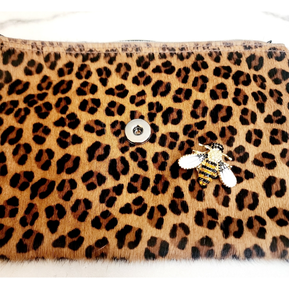 Leopard Print Hair on Hide Crossbody Bag with Bee Snap Charm & Adjustable Strap - Picture 5 of 9